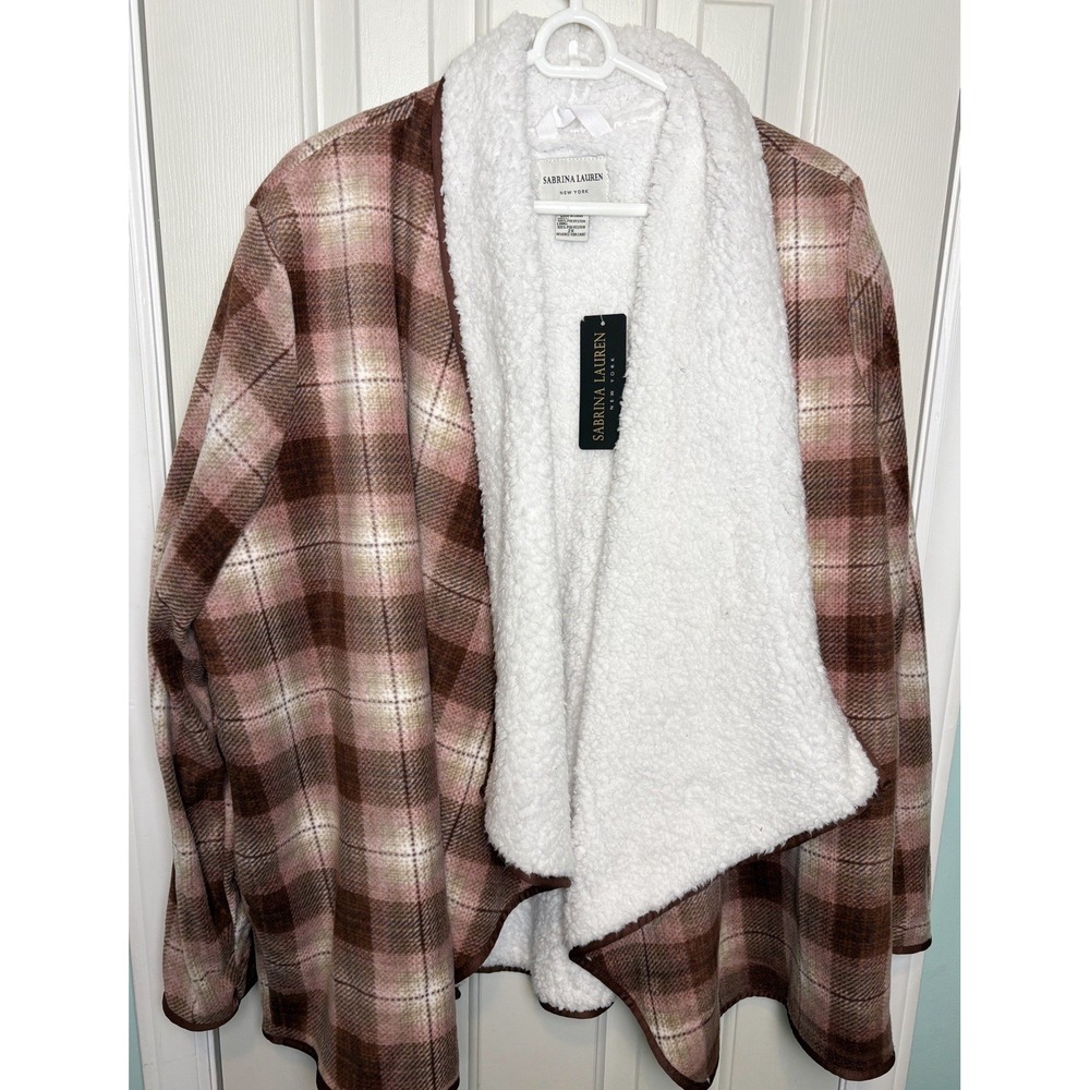 Sabrina Lauren Open Front Fleece Sherpa Jacket Plaid Women's 2XL